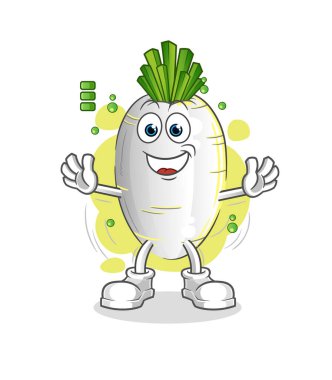 Beyaz turp tam pil karakteri. çizgi film maskotu vektörü