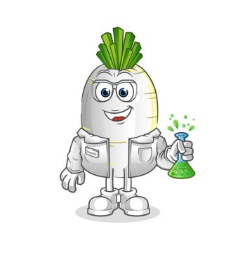 Beyaz turp bilim adamı karakteri. çizgi film maskotu vektörü