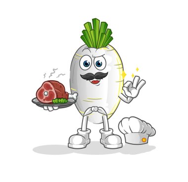 Beyaz turp şefi ve et maskotu. çizgi film vektörü