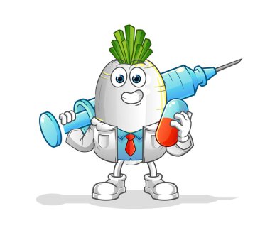 Beyaz turp doktoru elinde ilaç ve iğne tutuyor.