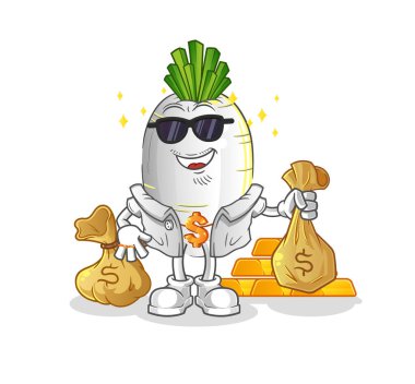 Beyaz turp zengini. çizgi film maskotu vektörü