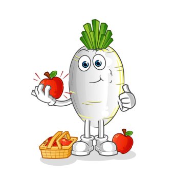 Elma resmi yiyen beyaz turp. karakter vektörü