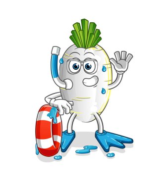Şamandıra maskotlu beyaz turp yüzücüsü. çizgi film vektörü