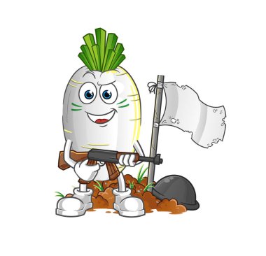 Beyaz turp ordu karakteri. çizgi film maskotu vektörü