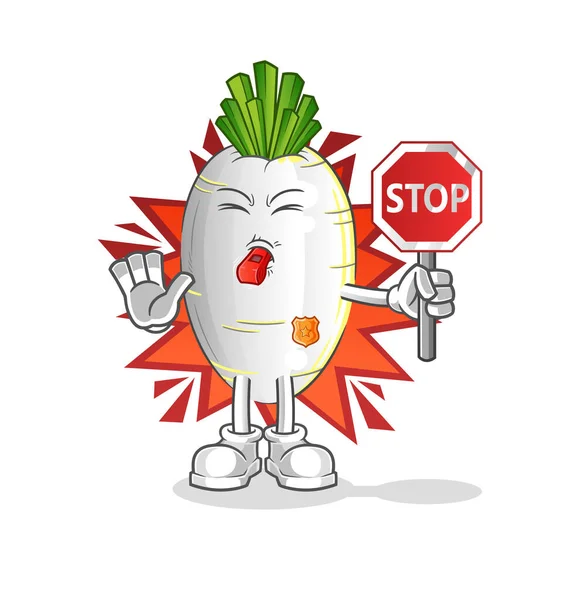 Radis Blanc Tenant Panneau Stop Vecteur Mascotte Dessin Animé — Image vectorielle
