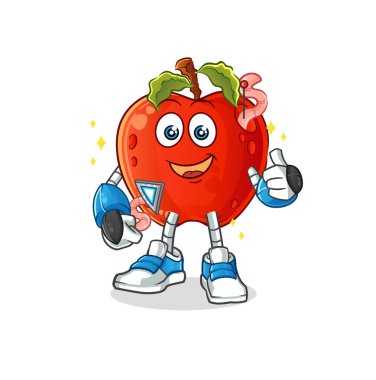 Solucan robot karakterli elma. çizgi film maskotu vektörü