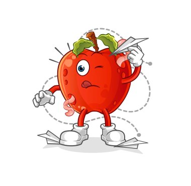 Elmalı ve solucanlı kağıttan uçak karakteri. çizgi film maskotu vektörü