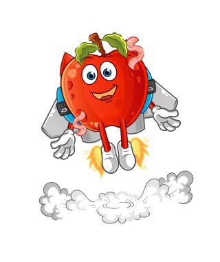 Sırt roketi maskotlu, kurtlu elma. çizgi film vektörü