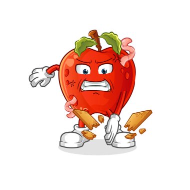 Solucan maskotlu elma. çizgi film vektörü