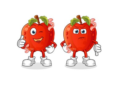 Solucan başparmaklı elma ve baş parmak aşağı. çizgi film maskotu vektörü