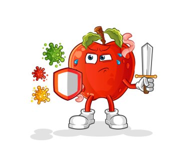 Virüslere karşı virüslü elma. çizgi film maskotu vektörü