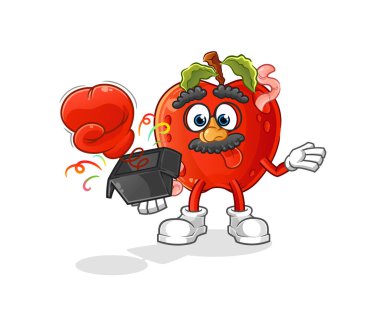 Kutusunda kurt şakası eldiveni olan bir elma. çizgi film maskotu