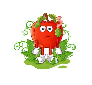 Uzun zamandır maskotu bekleyen solucanlı bir elma. çizgi film vektörü