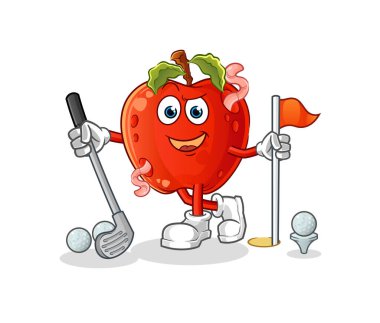 Golf oynayan solucanlı elma. çizgi film karakteri