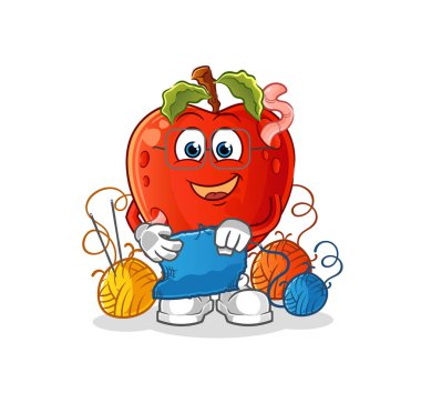 Solucan terzi maskotlu elma. çizgi film vektörü