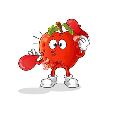 Solucan pandomimli elma balon şişiriyor. çizgi film maskotu vektörü