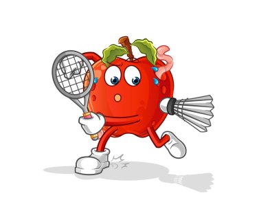 Solucanlı elma badminton oynuyor. karakter vektörü