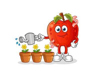 Çiçek maskotunu sulayan solucanlı bir elma. çizgi film vektörü