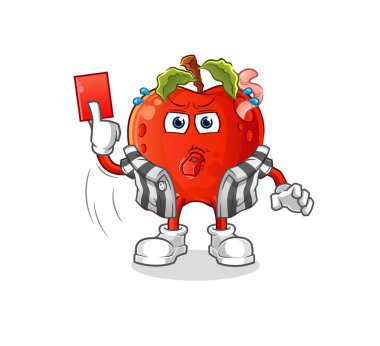 Kırmızı kart illüstrasyonlu solucan hakem elması. karakter vektörü