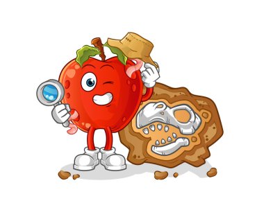 Fosil maskotu olan solucan arkeologları olan bir elma. çizgi film vektörü