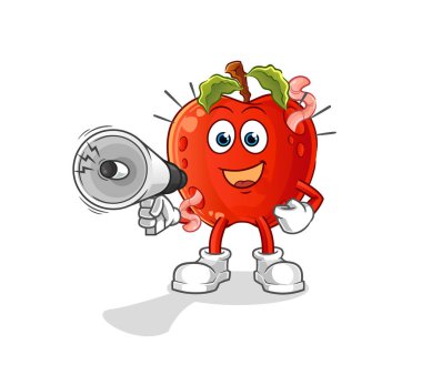 Ellerinde solucan olan bir elma hoparlör vektörü. çizgi film karakteri