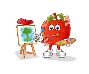 Solucan ressam maskotlu elma. çizgi film vektörü