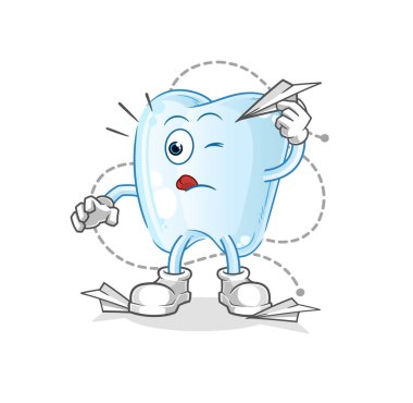 Kağıttan uçak karakteri olan diş. çizgi film maskotu vektörü