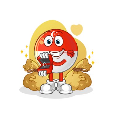 Singapur bayrağı yüzükle evlenme teklif ediyor. çizgi film maskotu vektörü