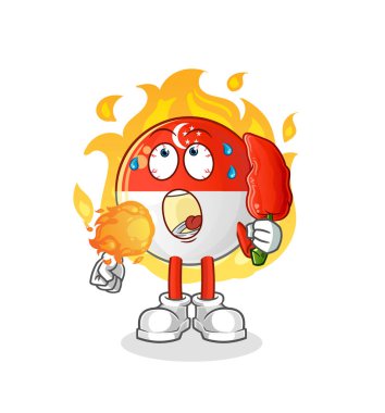 Singapur bayrağı sıcak kırmızı biber maskotu yiyor. çizgi film vektörü