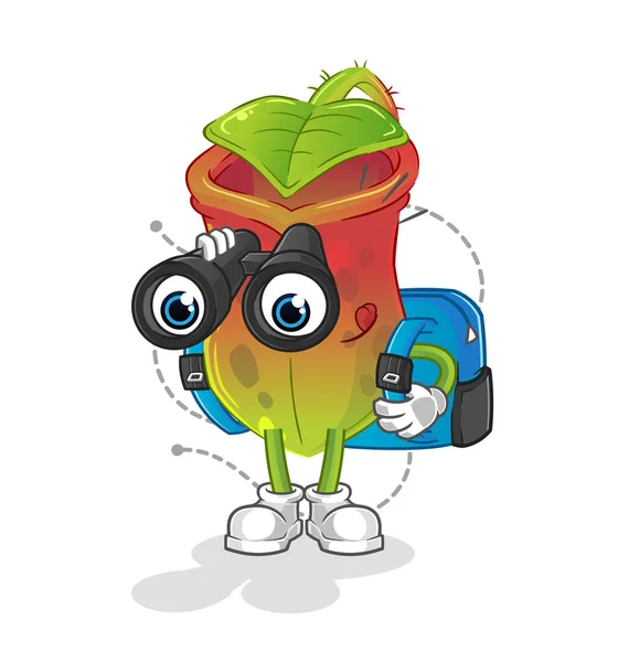 Nepenthes Mit Fernglascharakter Cartoon Maskottchen — Stockvektor