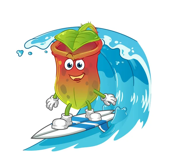 Nepenthes Personagem Surf Vetor Mascote Desenhos Animados — Vetor de Stock
