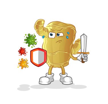 Zencefil virüslere karşı çizgi film. çizgi film maskotu vektörü