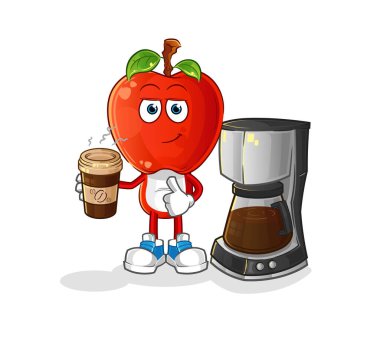 Elma kafalı çizgi film, kahve illüstrasyonu içiyor. karakter vektörü
