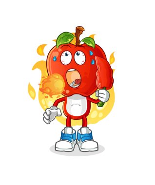 Elma kafalı çizgi film karakteri sıcak kırmızı biber maskotu yer. çizgi film vektörü