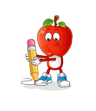 Elma kafalı karikatür kalemle yazılıyor. çizgi film maskotu vektörü