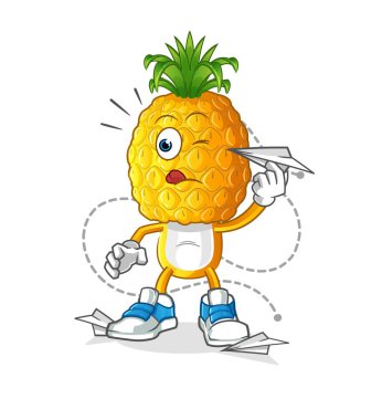 Kağıt uçak karakterli ananas kafalı çizgi film. çizgi film vektörü