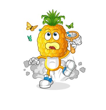 Ananas kafalı çizgi film kelebek resimlerini yakalıyor. karakter vektörü