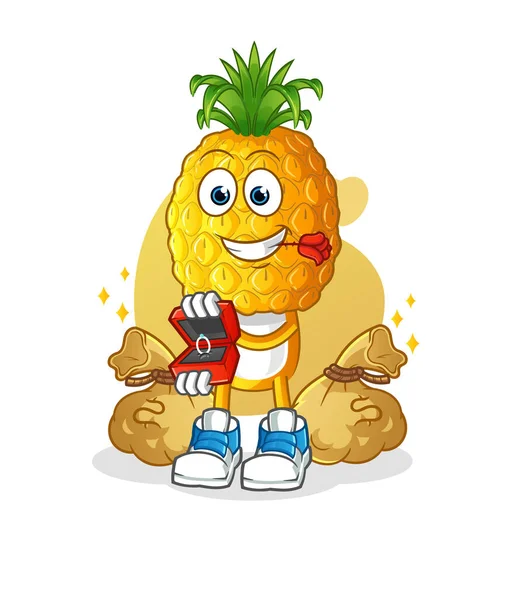 Pineapple Head Cartoon Propose Ring Cartoon Mascot Vector — Stock Vector