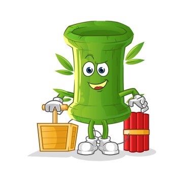 Bambu elinde dinamit fünyesi tutuyor. çizgi film maskotu vektörü