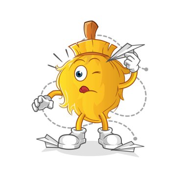 Kağıt uçak karakterli süpürge. çizgi film maskotu vektörü