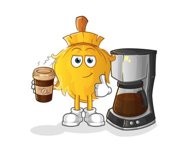 Süpürge kahve illüstrasyonu içiyor. karakter vektörü