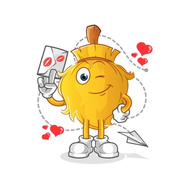 Süpürge tutuş aşk mektubu çizimi. karakter vektörü