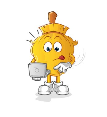 Laptop maskotlu süpürge. çizgi film vektörü