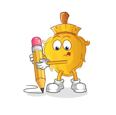 Süpürge kalemle yaz. çizgi film maskotu vektörü