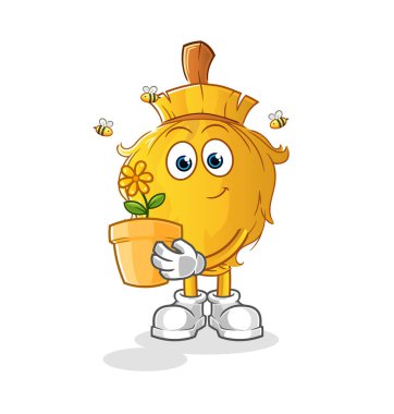 Süpürgeyle çiçek saksısı. karakter vektörü