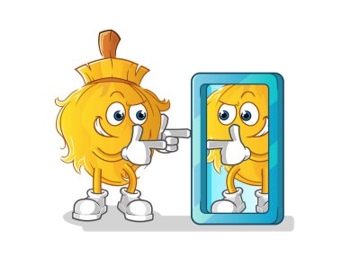 Süpürge ayna karikatürüne bakıyor. çizgi film maskotu vektörü