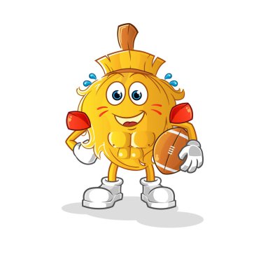 Rugby oynayan süpürge karakteri. çizgi film maskotu vektörü