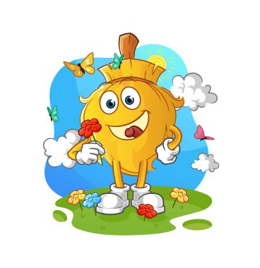 Süpürge baharda çiçek toplar. karakter vektörü