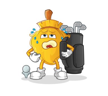 Golf ekipmanlı süpürge. çizgi film maskotu vektörü