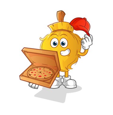 Süpürge pizza teslimatçısı çocuk vektörü. çizgi film karakteri